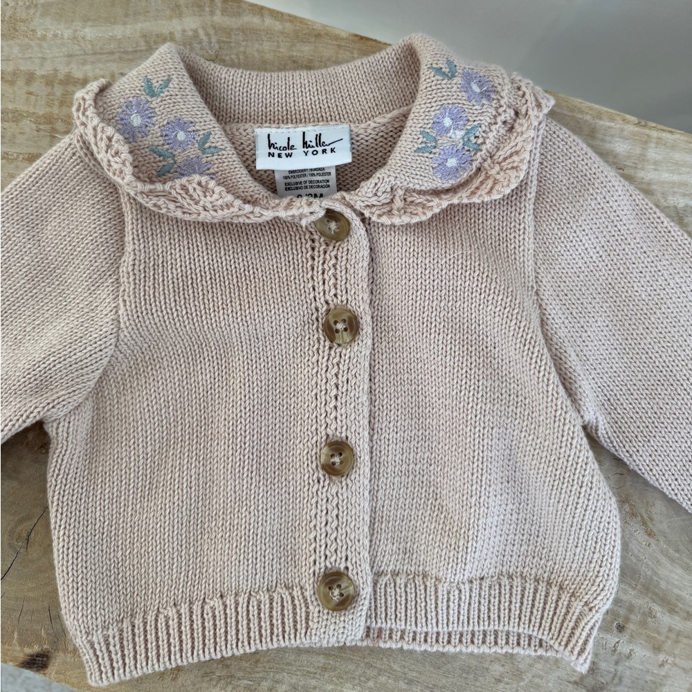 Nicole Miller Knit Baby Cardigan Floral Embroidered Collar Sweater Size 0–3M NWT - Picture 4 of 8